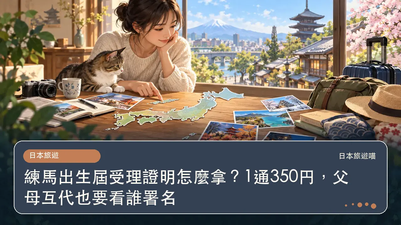 練馬出生屆受理證明怎麼拿？1通350円，父母互代也要看誰署名主題插畫