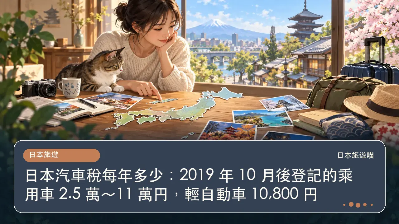 日本汽車稅每年多少：2019 年 10 月後登記的乘用車 2.5 萬～11 萬円，輕自動車 10,800 円主題插畫