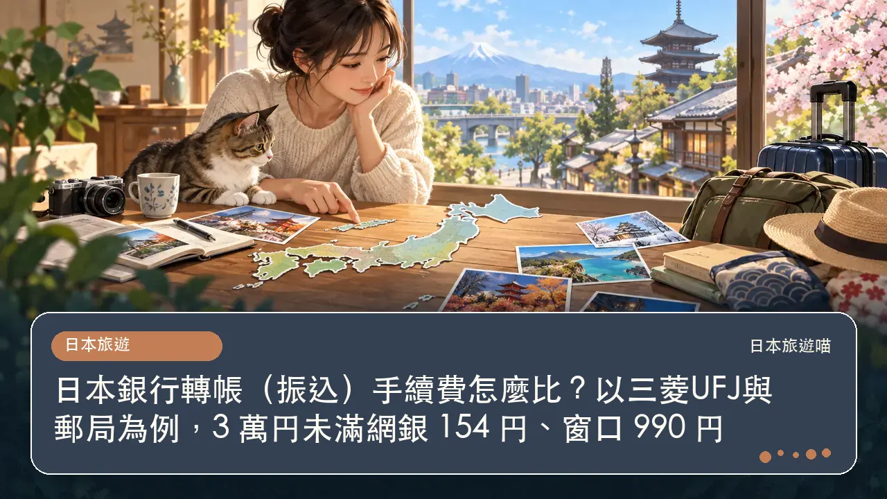 日本銀行轉帳(振込)手續費怎麼比?以三菱UFJ與郵局為例,3 萬円未滿網銀 154 円、窗口 990 円主題插畫