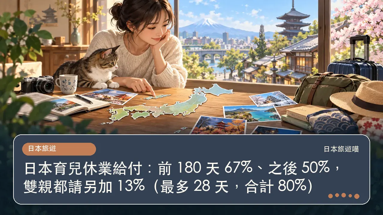 日本育兒休業給付：前 180 天 67%、之後 50%，雙親都請另加 13%（最多 28 天，合計 80%）主題插畫