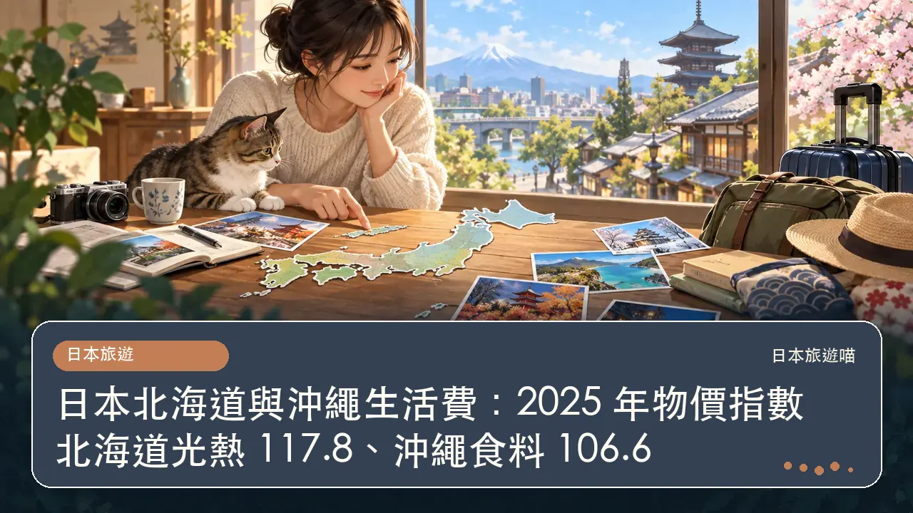 日本北海道與沖繩生活費：2025 年物價指數北海道光熱 117.8、沖繩食料 106.6主題插畫