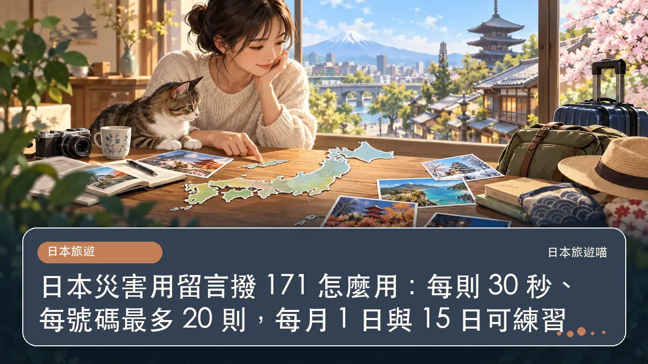 日本災害用留言撥 171 怎麼用：每則 30 秒、每號碼最多 20 則，每月 1 日與 15 日可練習主題插畫