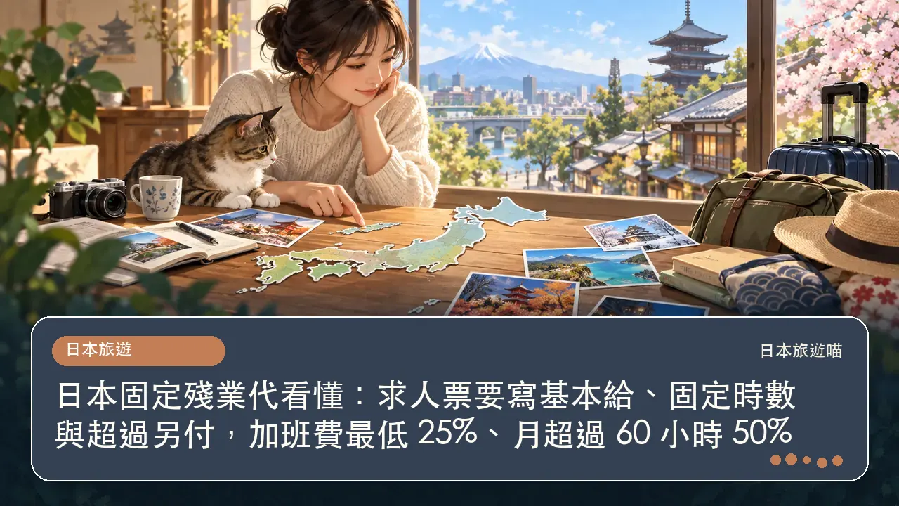 日本固定殘業代看懂：求人票要寫基本給、固定時數與超過另付，加班費最低 25%、月超過 60 小時 50%主題插畫