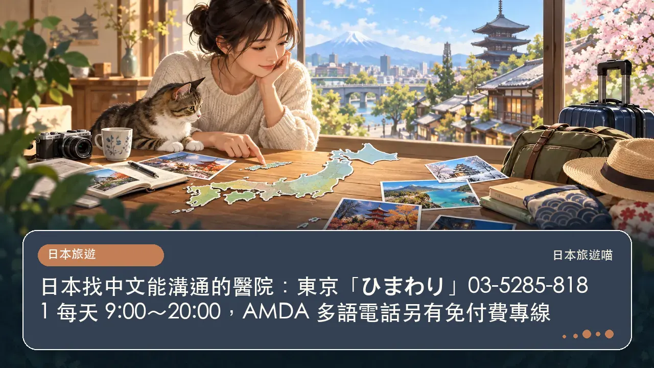 日本找中文能溝通的醫院：東京「ひまわり」03-5285-8181 每天 9:00～20:00，AMDA 多語電話另有免付費專線主題插畫