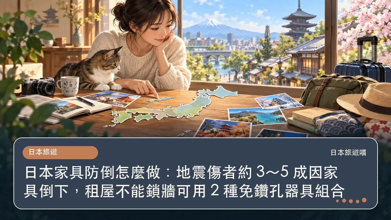 日本家具防倒怎麼做：地震傷者約 3～5 成因家具倒下，租屋不能鎖牆可用 2 種免鑽孔器具組合主題插畫