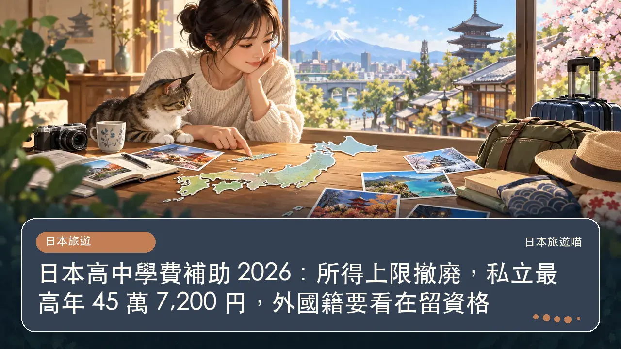 日本高中學費補助 2026：所得上限撤廃，私立最高年 45 萬 7,200 円，外國籍要看在留資格主題插畫