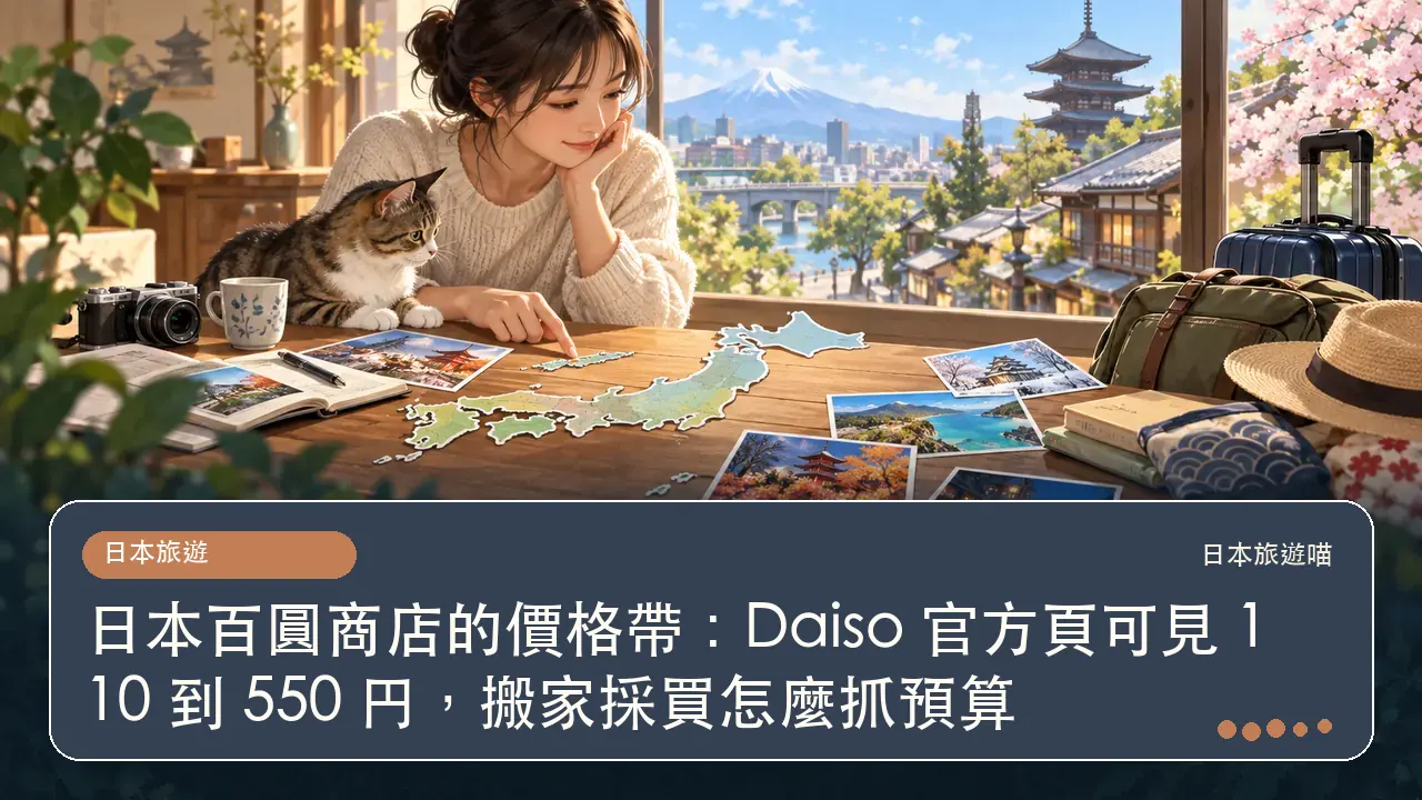 日本百圓商店的價格帶：Daiso 官方頁可見 110 到 550 円，搬家採買怎麼抓預算主題插畫