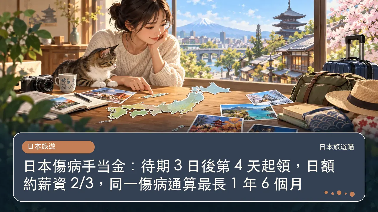 日本傷病手当金：待期 3 日後第 4 天起領，日額約薪資 2/3，同一傷病通算最長 1 年 6 個月主題插畫