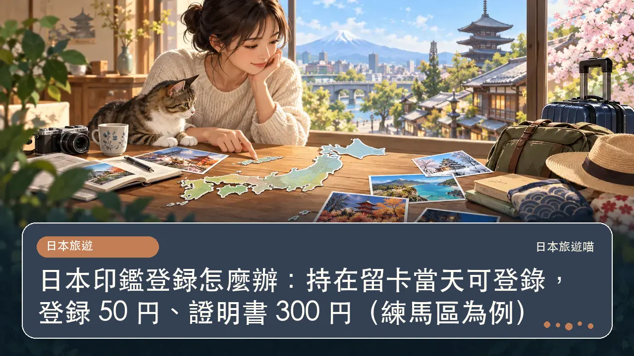 日本印鑑登録怎麼辦：持在留卡當天可登錄，登録 50 円、證明書 300 円（練馬區為例）主題插畫