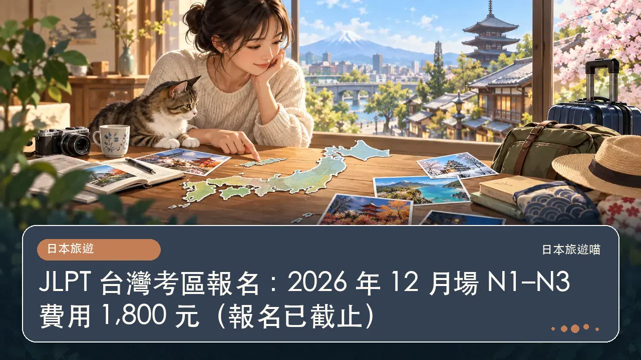 JLPT 台灣考區報名：2026 年 12 月場 N1–N3 費用 1,800 元（報名已截止）主題插畫