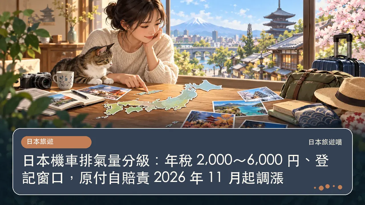 日本機車排氣量分級：年稅 2,000～6,000 円、登記窗口，原付自賠責 2026 年 11 月起調漲主題插畫