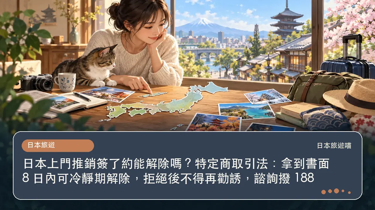 日本上門推銷簽了約能解除嗎?特定商取引法:拿到書面 8 日內可冷靜期解除,拒絕後不得再勸誘,諮詢撥 188主題插畫