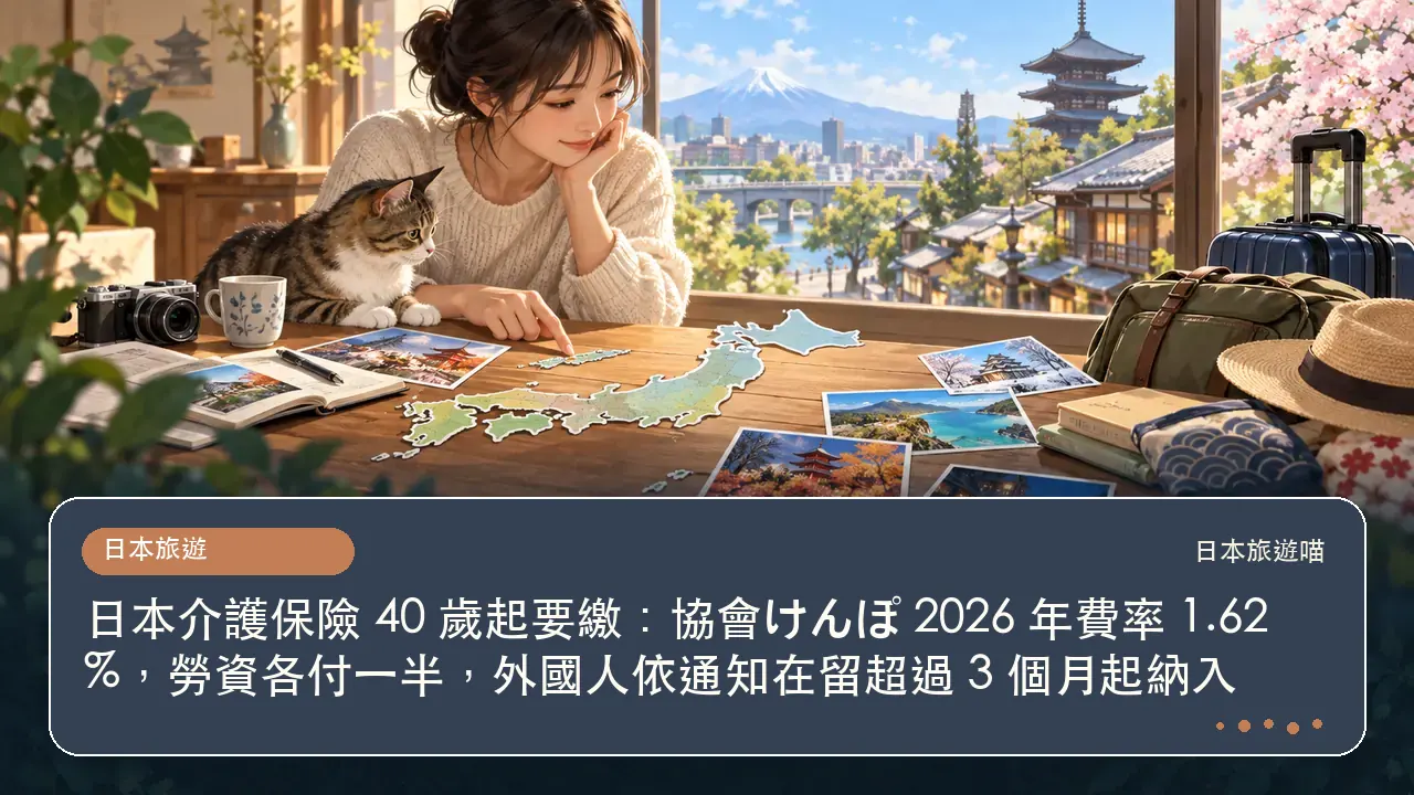 日本介護保險 40 歲起要繳：協會けんぽ 2026 年費率 1.62%，勞資各付一半，外國人依通知在留超過 3 個月起納入主題插畫