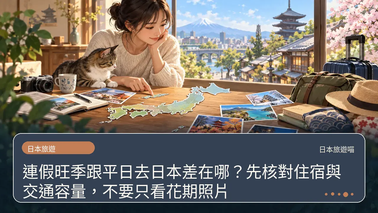 連假旺季跟平日去日本差在哪？先核對住宿與交通容量，不要只看花期照片主題插畫
