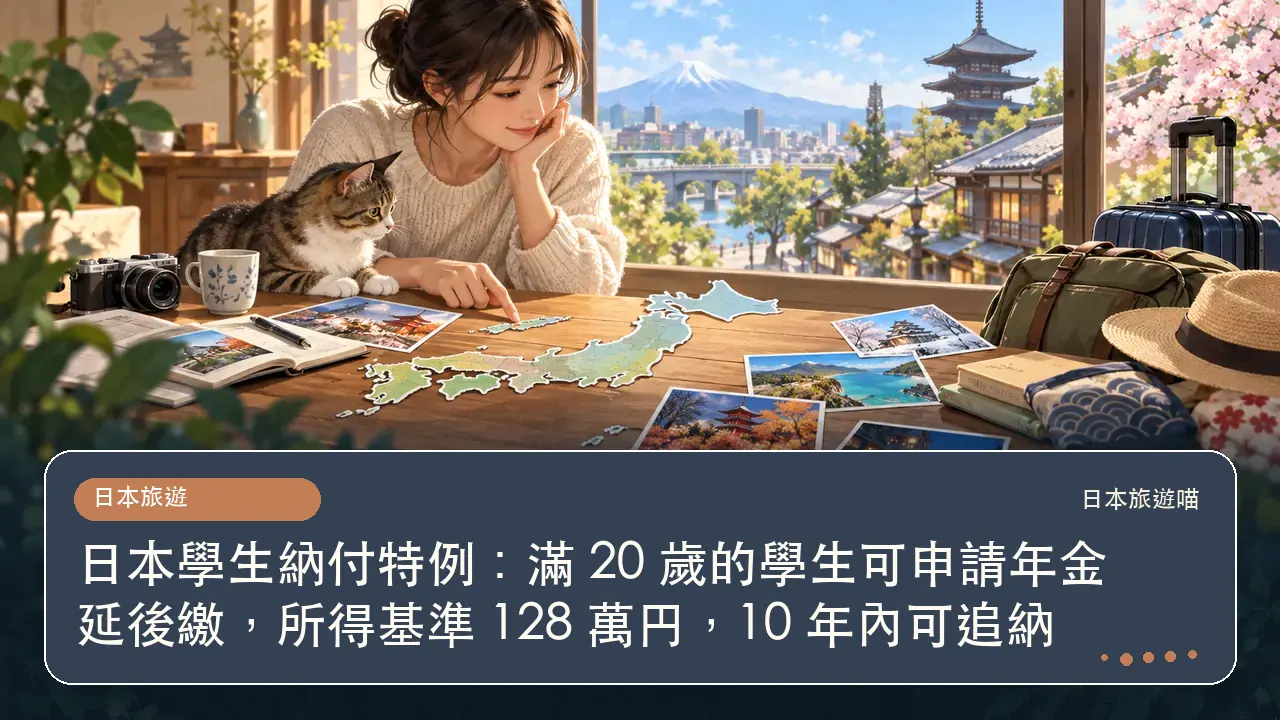 日本學生納付特例：滿 20 歲的學生可申請年金延後繳，所得基準 128 萬円，10 年內可追納主題插畫