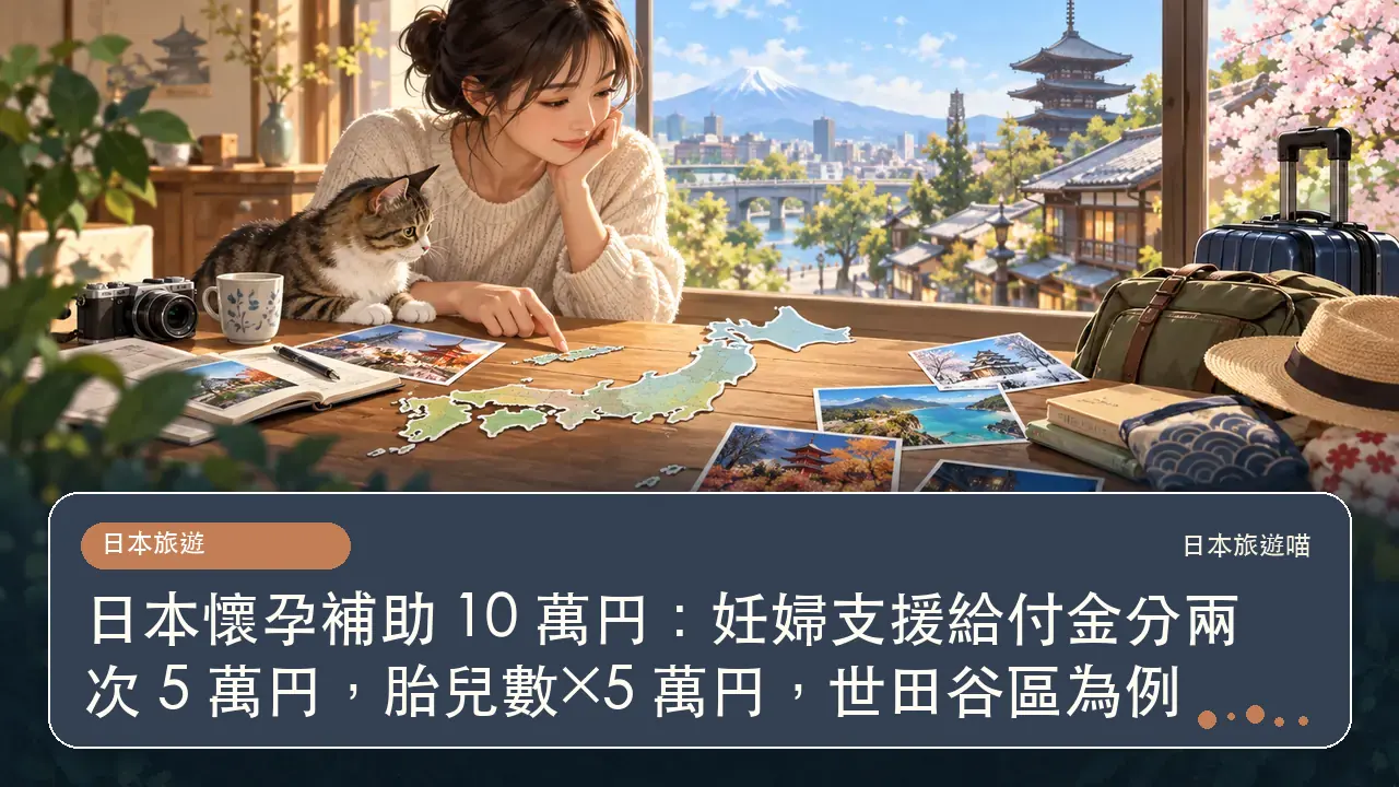 日本懷孕補助 10 萬円：妊婦支援給付金分兩次 5 萬円，胎兒數×5 萬円，世田谷區為例主題插畫