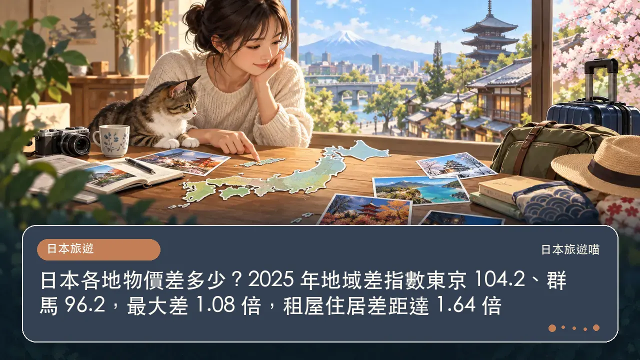 日本各地物價差多少?2025 年地域差指數東京 104.2、群馬 96.2,最大差 1.08 倍,租屋住居差距達 1.64 倍主題插畫