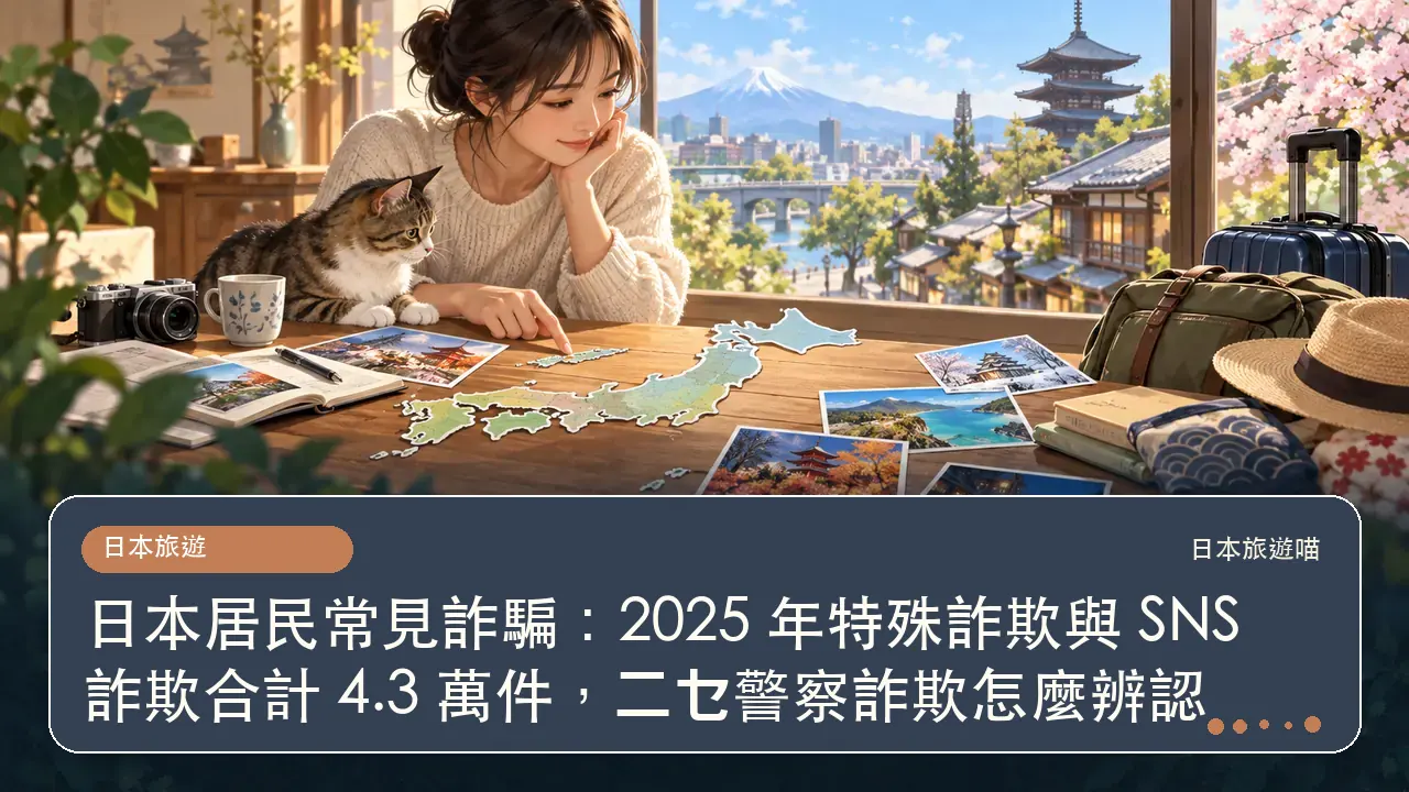 日本居民常見詐騙：2025 年特殊詐欺與 SNS 詐欺合計 4.3 萬件，ニセ警察詐欺怎麼辨認主題插畫