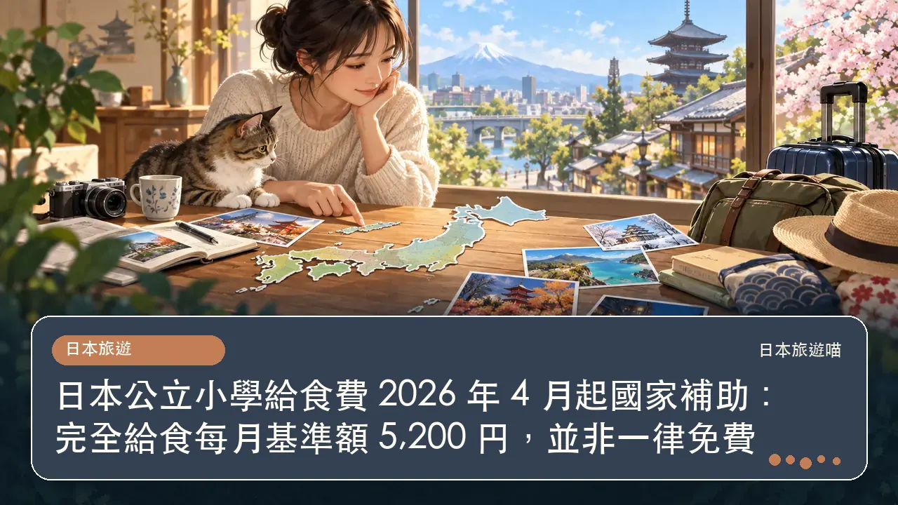 日本公立小學給食費 2026 年 4 月起國家補助：完全給食每月基準額 5,200 円，並非一律免費主題插畫