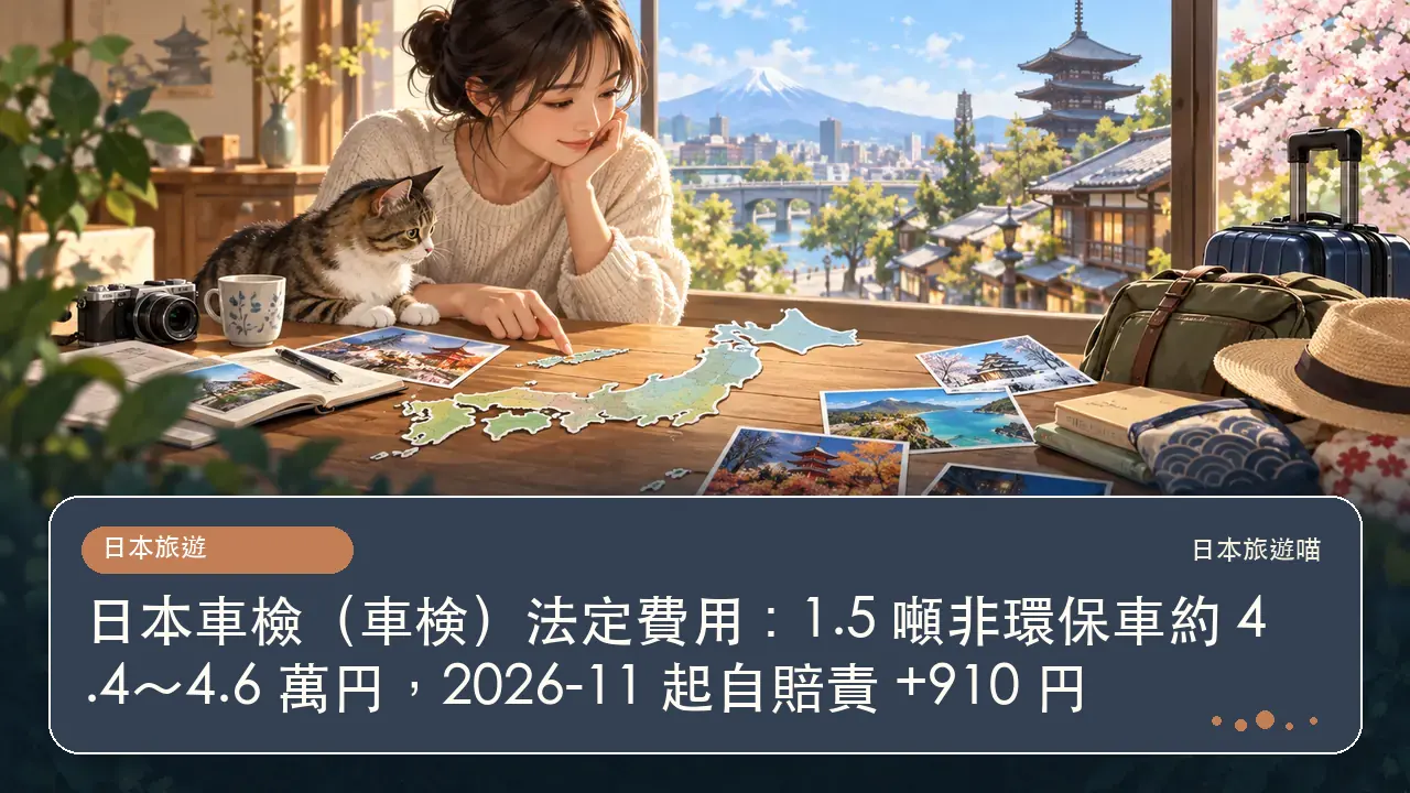 日本車檢（車検）法定費用：1.5 噸非環保車約 4.4～4.6 萬円，2026-11 起自賠責 +910 円主題插畫