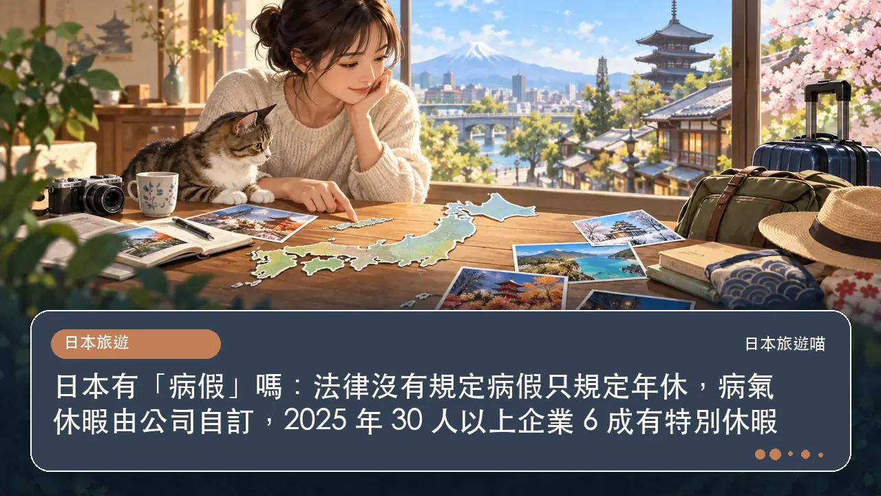 日本有「病假」嗎：法律沒有規定病假只規定年休，病氣休暇由公司自訂，2025 年 30 人以上企業 6 成有特別休暇主題插畫