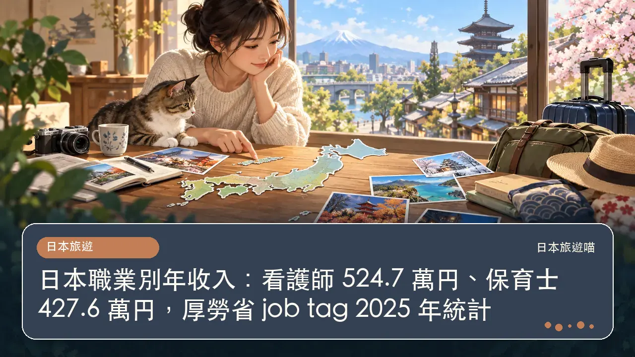 日本職業別年收入：看護師 524.7 萬円、保育士 427.6 萬円，厚勞省 job tag 2025 年統計主題插畫