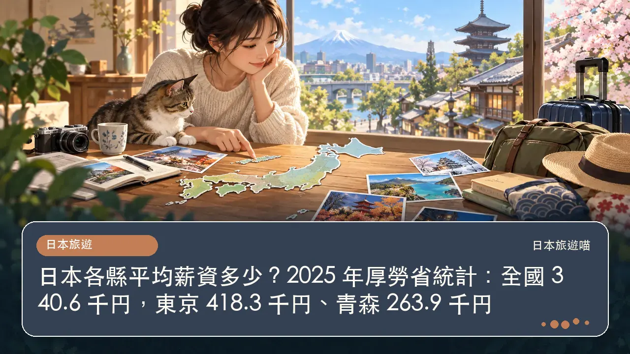 日本各縣平均薪資多少?2025 年厚勞省統計:全國 340.6 千円,東京 418.3 千円、青森 263.9 千円主題插畫
