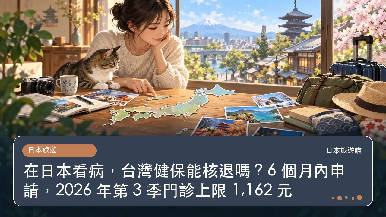 在日本看病，台灣健保能核退嗎？6 個月內申請，2026 年第 3 季門診上限 1,162 元主題插畫